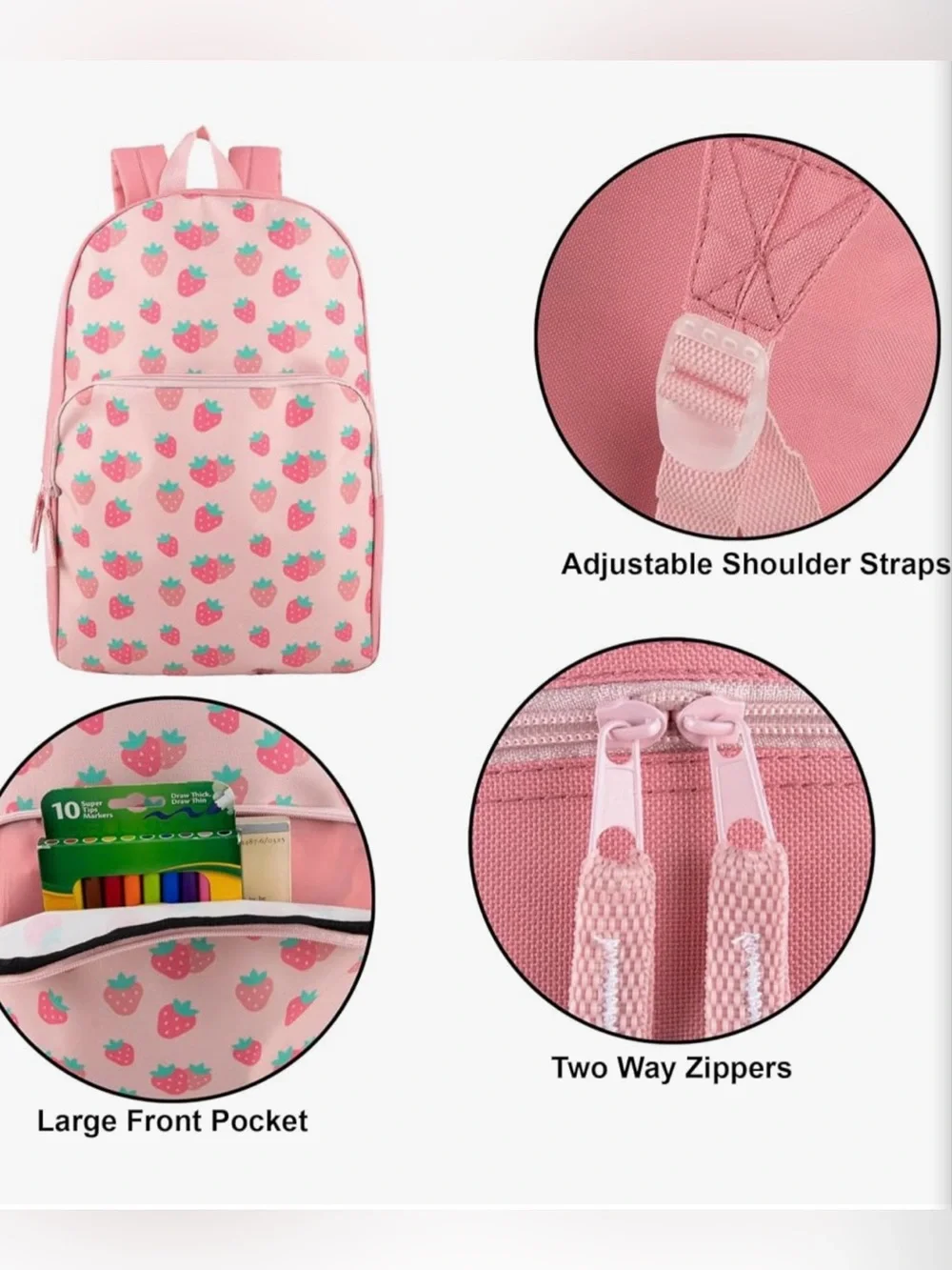 Kids Pink Strawberry Print Backpack - Cute Lightweight School Bag